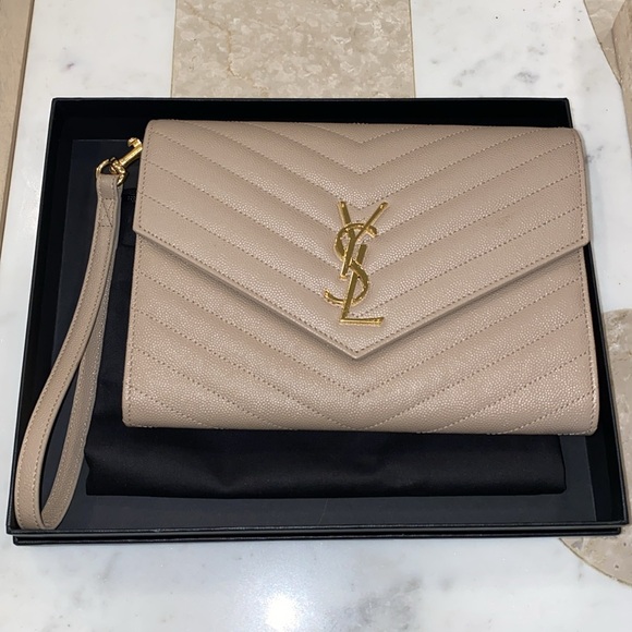 Authentic Saint Laurent Cassandra Leather Pouch in Dark Beige - Picture 10 of 11